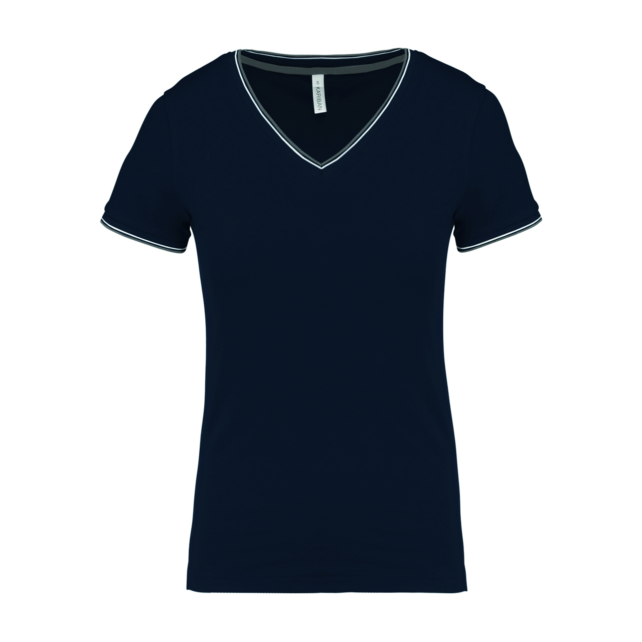T-shirt Kariban piqué V-hals Dames in marine/lichtgrijs/wit (01.01.0081)